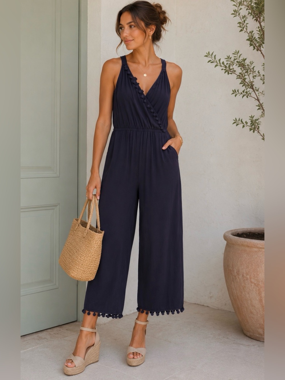 🫶🦋Spense Navy Sleeveless Wide Leg Jumpsuit Crochet Trim Size Small